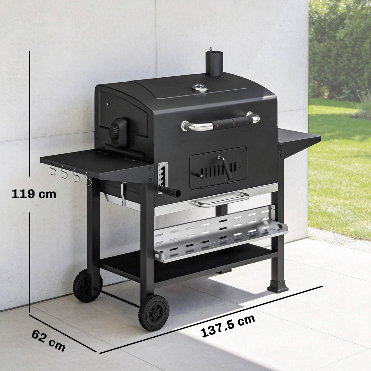 Charcoal BBQ Grill Smoker with Rotisserie Kit and Side Tables, Black — product view 5