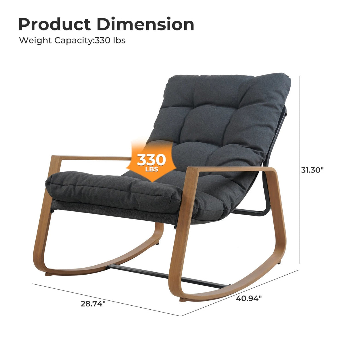 LOUNGE YARD Outdoor Modern Rocking Chair with Water-Resistant Fabric & Walnut-Finish Legs — product view 5