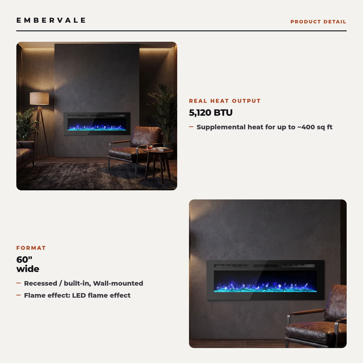 60 Inch Slim Recessed Electric Fireplace, Wall Mounted Linear LED Fireplace with Digital Thermostat, Blower Fan & Remote, 750-1500W, Black — product view 3