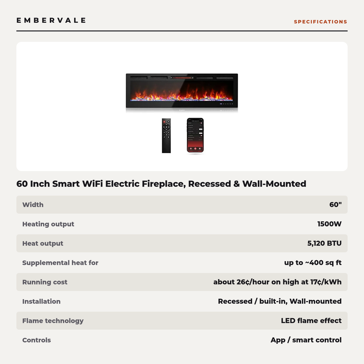 60 Inch Smart WiFi Electric Fireplace, Recessed & Wall-Mounted Linear Fireplace with Realistic Flame & 1500W Quartz Heater — product view 3