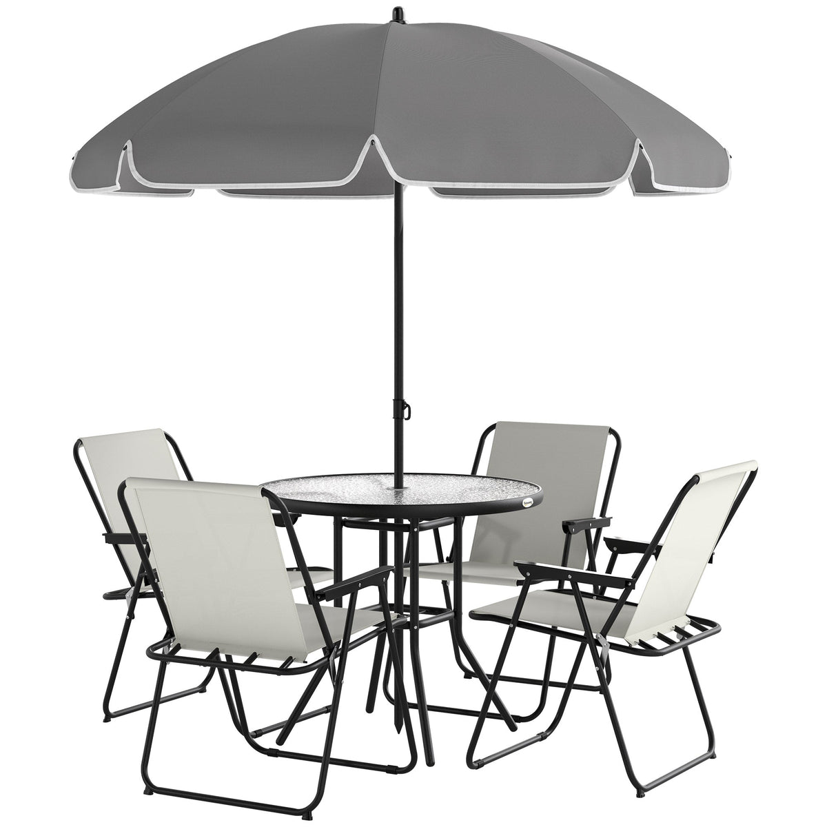 6 Piece Garden Dining Set with Parasol, Folding Chairs & Round Table, Cream White — product view 2