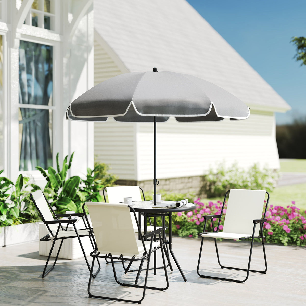 6 Piece Garden Dining Set with Parasol, Folding Chairs & Round Table, Cream White — product view 4