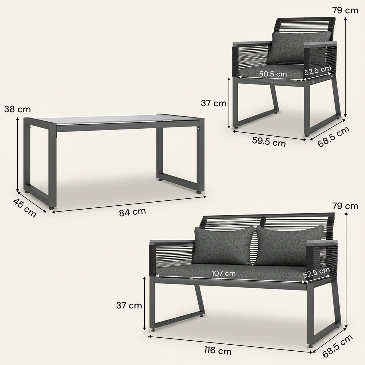 ARVOYA 4 Piece Rattan Garden Furniture Set with Cushions & Glass Top Table, Charcoal Grey — product view 5