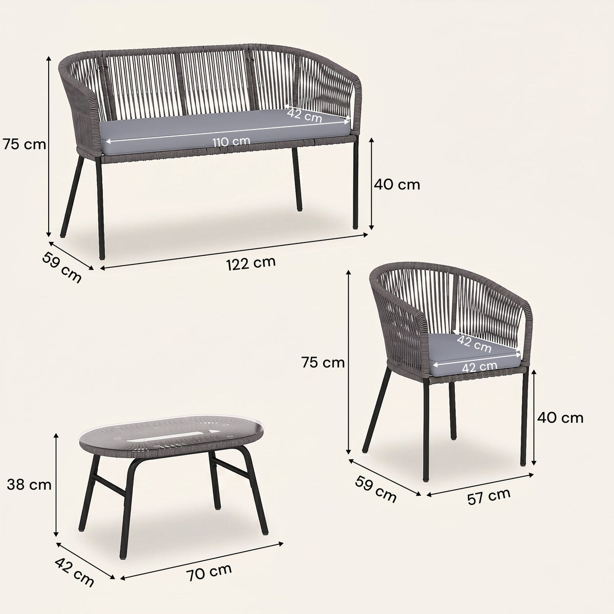 ARVOYA 4-Piece Rope Sofa Set with Loveseat, 2 Chairs & Tempered Glass Table, Dark Grey — product view 5