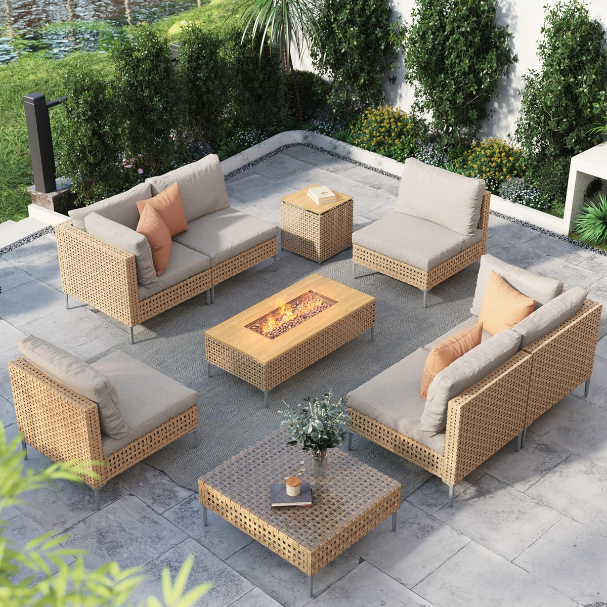 LOUNGE YARD 6-Seat Conversation Sofa Set, Wicker Outdoor Sectional with Thick Beige Cushions — product view 7