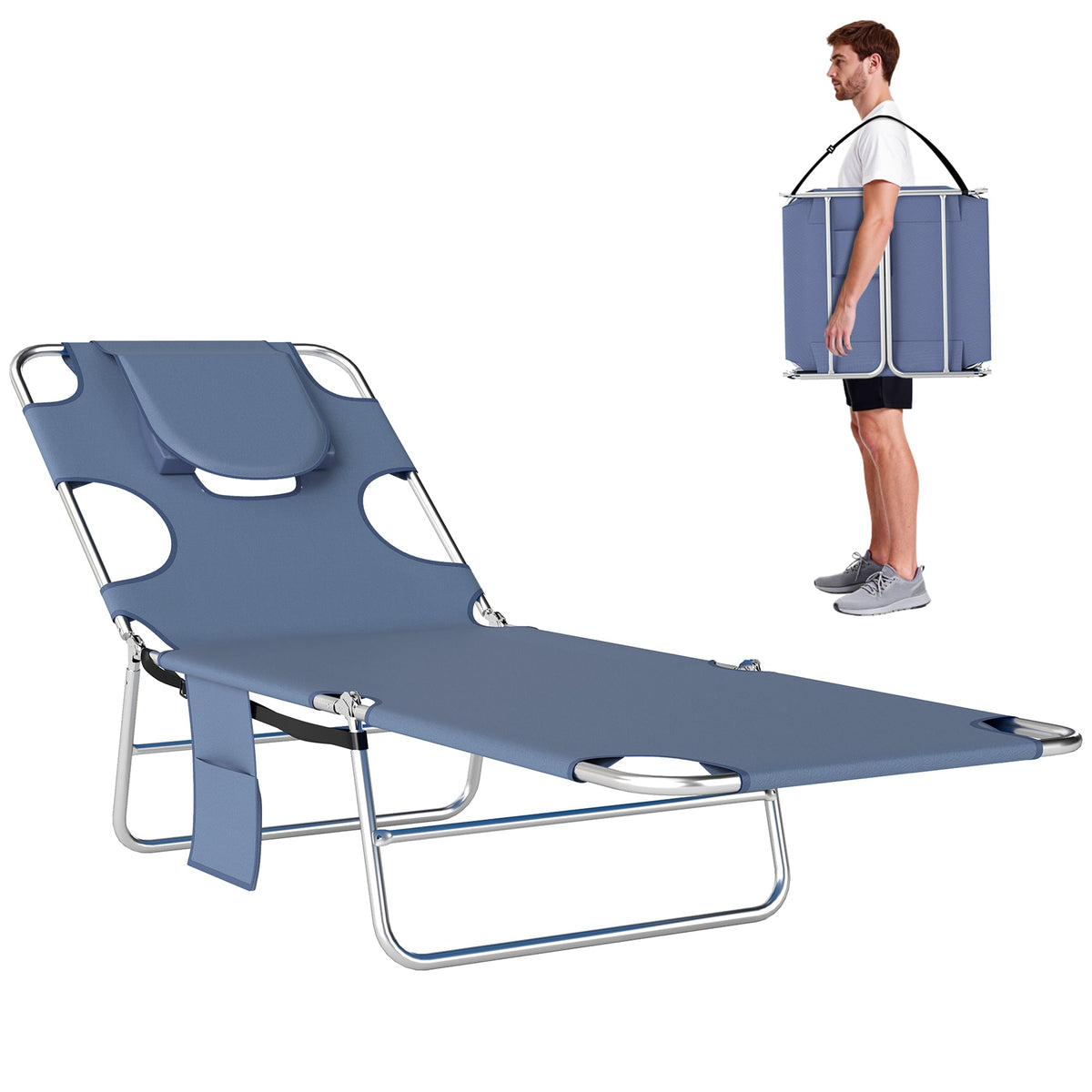 Folding Lounge Chair with Face Hole, Side Pocket and Strap, Grey — product view 1