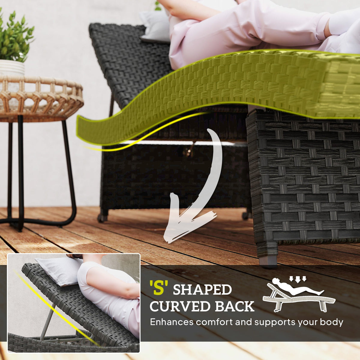 Folding PE Rattan Sun Lounger with Wheels & Adjustable Backrest, Black — product view 6