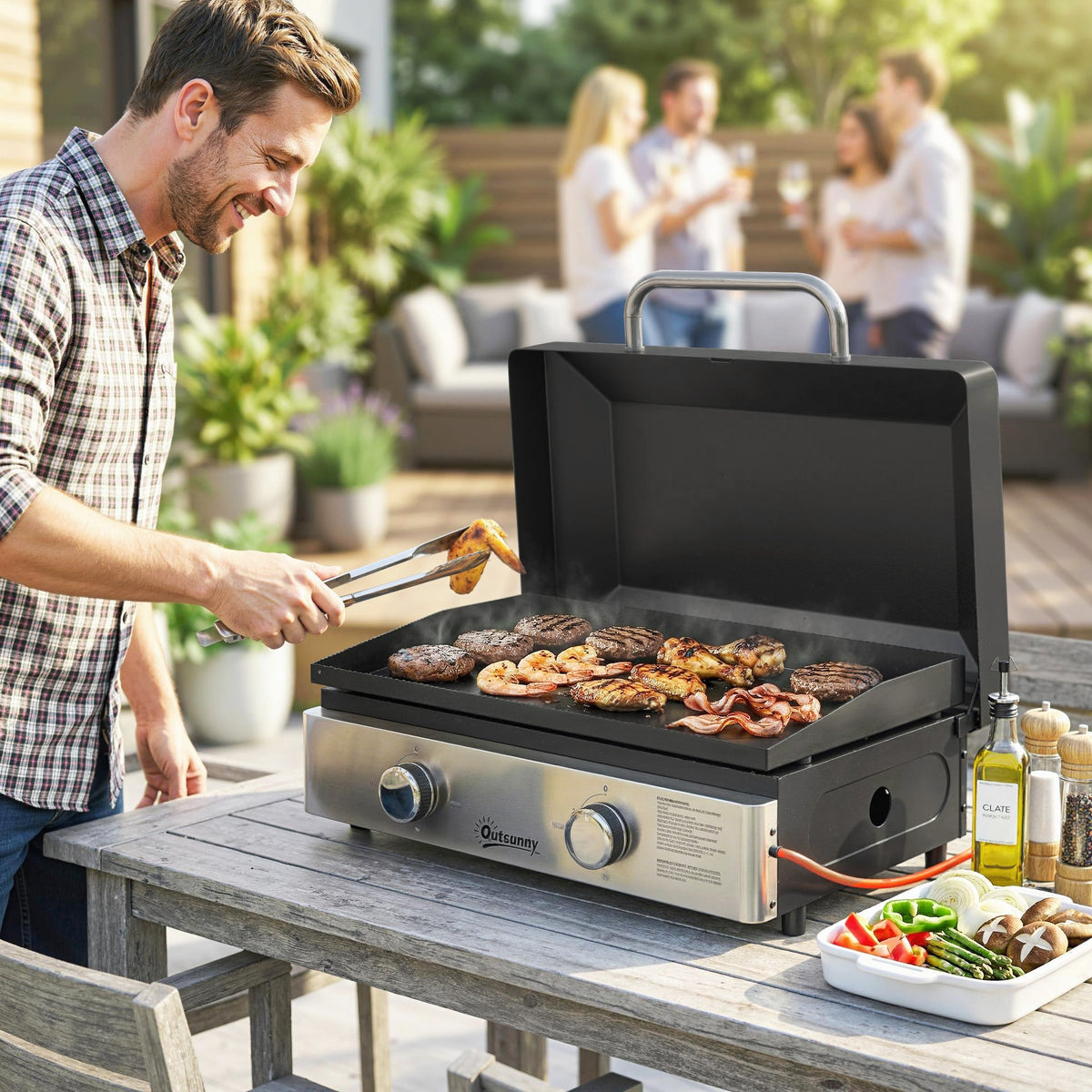 2-Burner Portable 6 kW Gas Plancha Tabletop Griddle with Grease Cup for Camping, Black — product view 3