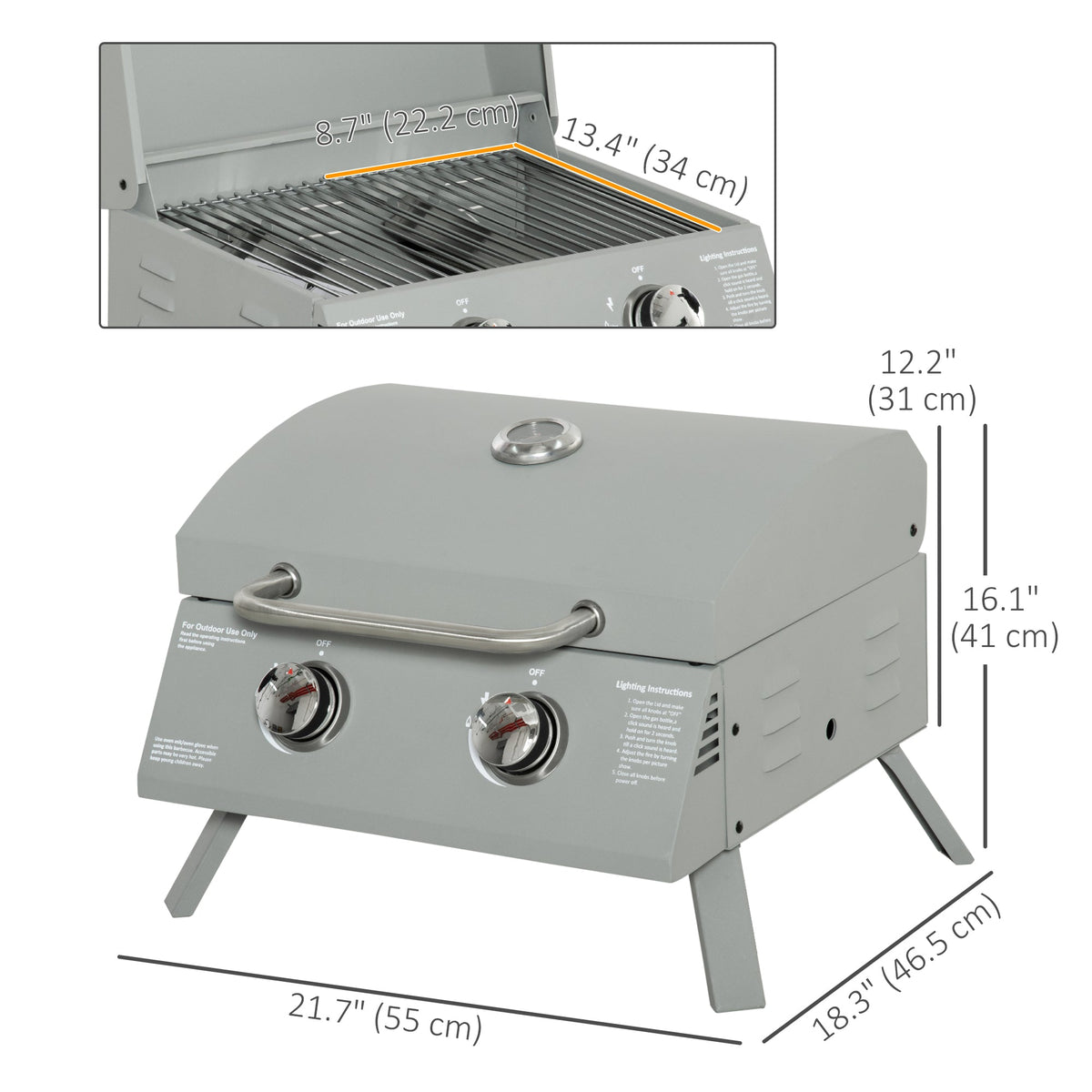 2 Burner Portable Propane Gas Grill with Foldable Legs, Silver — product view 5