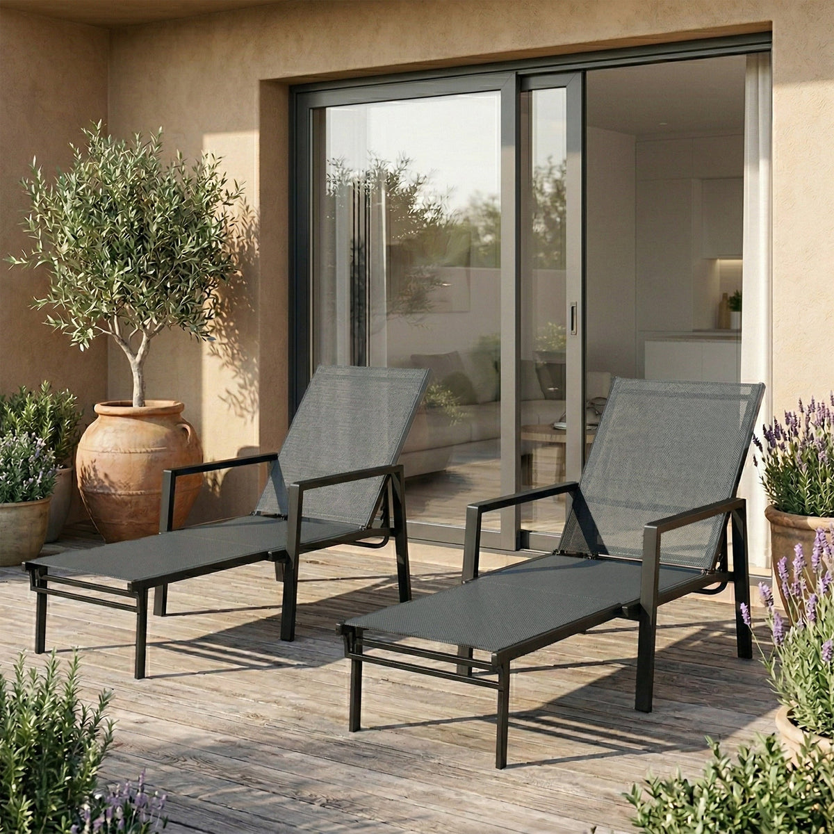 Set of 2 Sun Loungers, 5-Position Recline with Retractable Footrests, Dark Grey — product view 4
