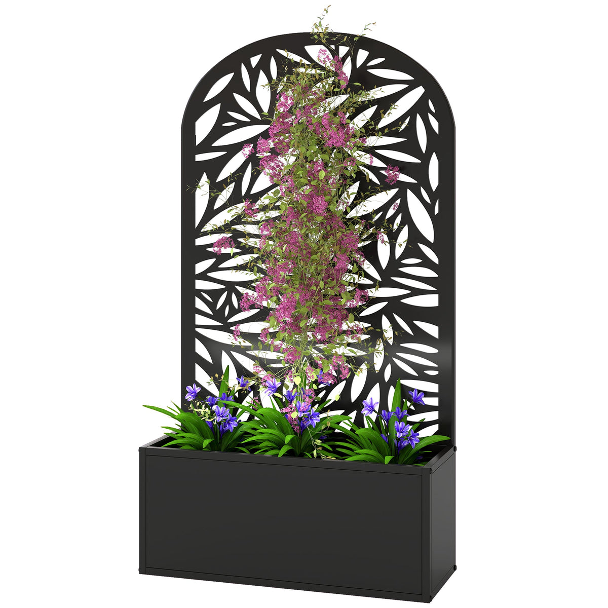 Metal Raised Garden Bed with Curved Trellis Panel, Leaves Cut-Out — product view 2