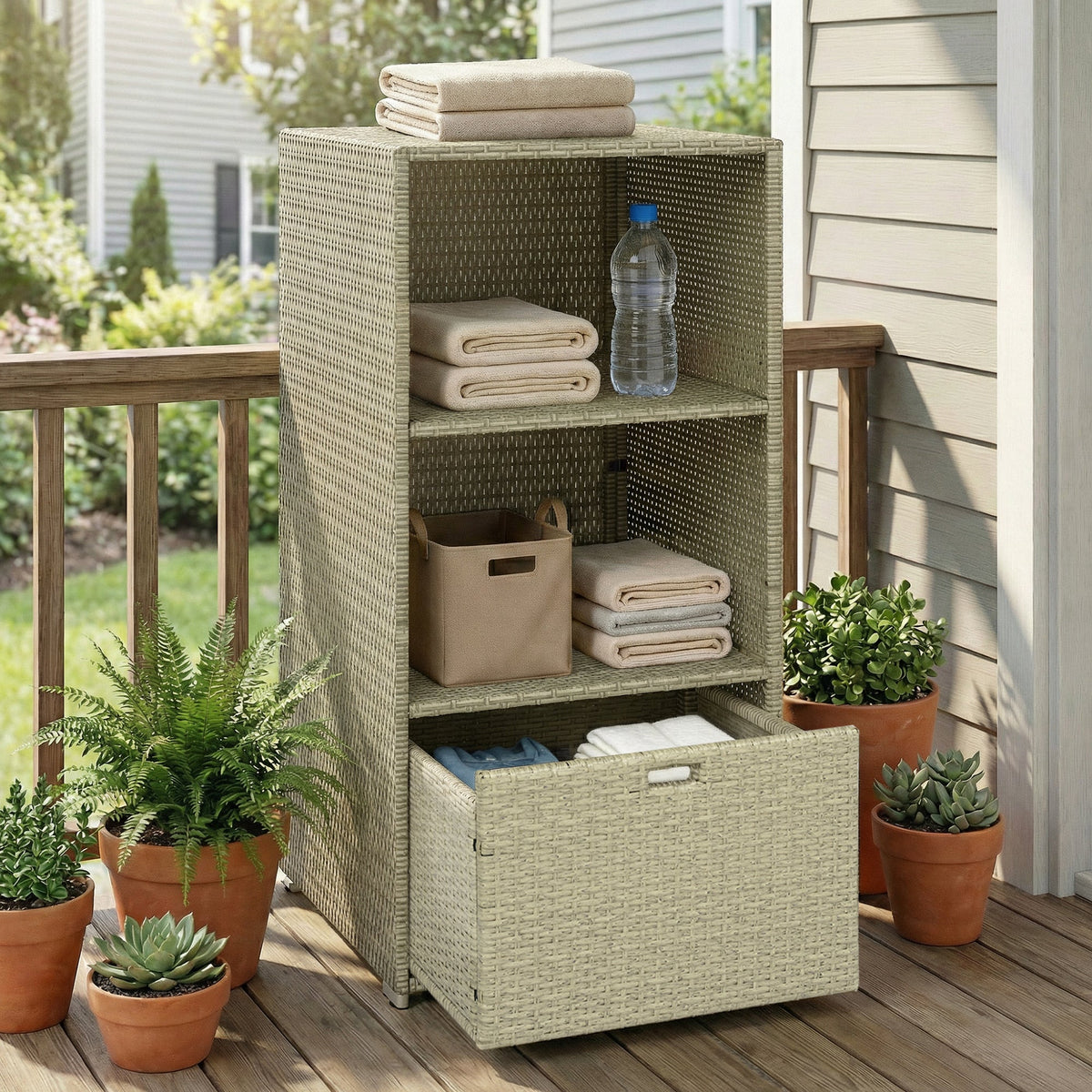 Pool Towel Rack with 2 Shelves and Basket Drawer, PE Rattan, Gradient Gray — product view 3