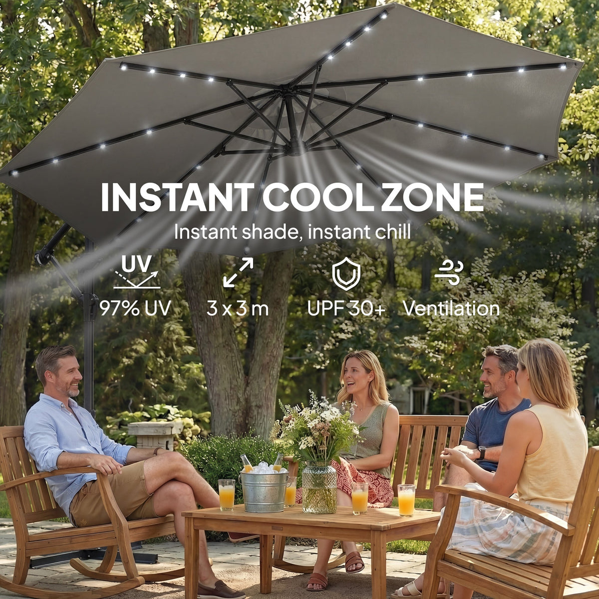9.7 ft Cantilever Patio Umbrella with Solar LED Light and Cover, Grey — product view 7
