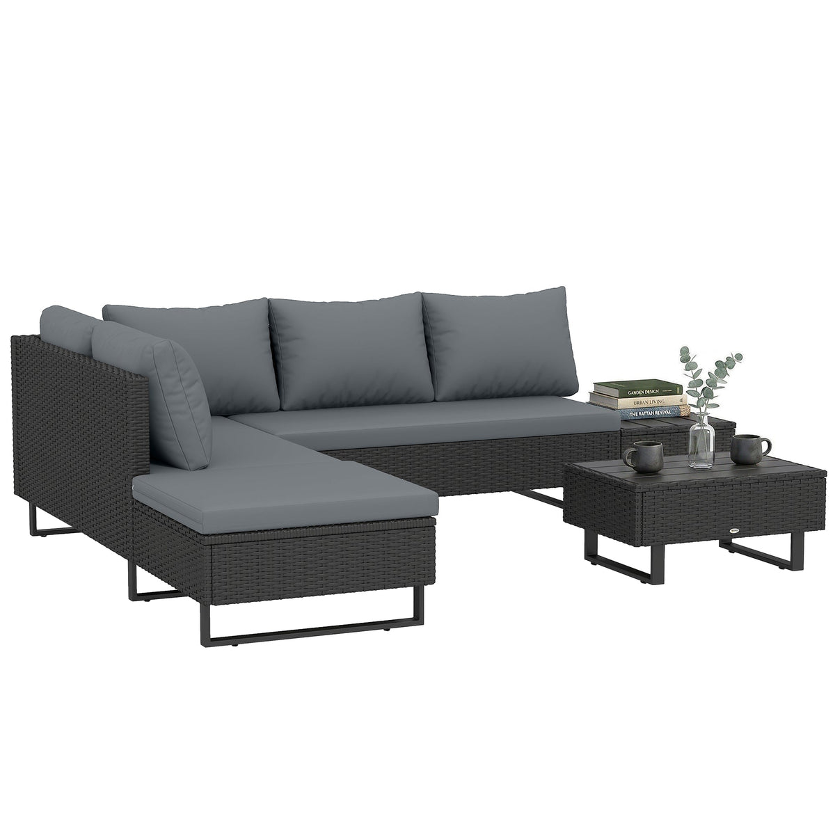 5-Seat L-Shaped Rattan Sofa Set with Adjustable Back, Cushions & Table Dark Grey — product view 2