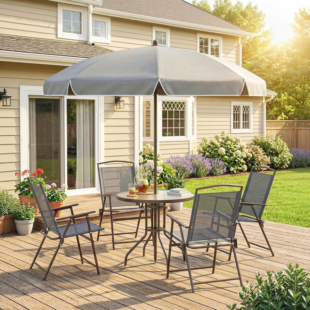 6 Piece Garden Dining Set with Umbrella and Folding Chairs, Dark Grey — product view 3
