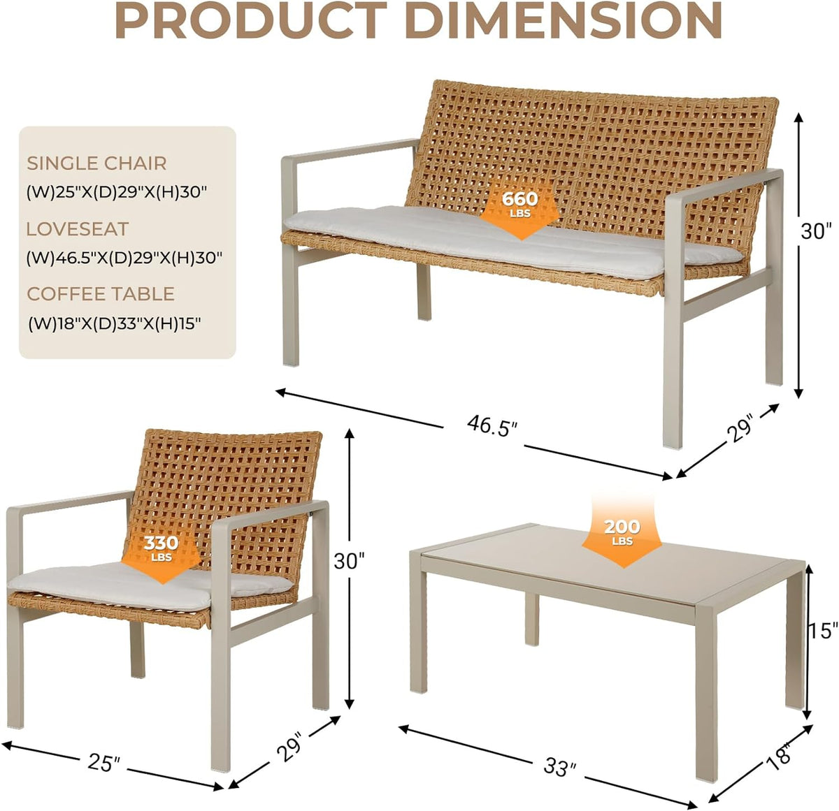 LOUNGE YARD 4-Seat Conversation Sofa Set, Spring Wicker Outdoor Patio Furniture with Coffee Table — product view 7