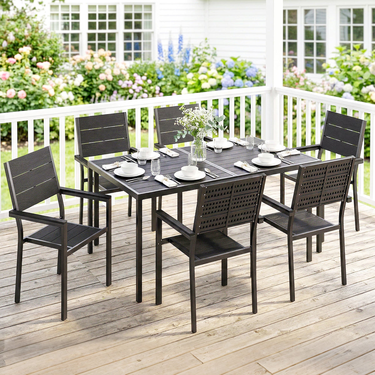 7-Piece Outdoor Dining Set with Slatted Tabletop and Metal Frame for 6, Black — product view 4
