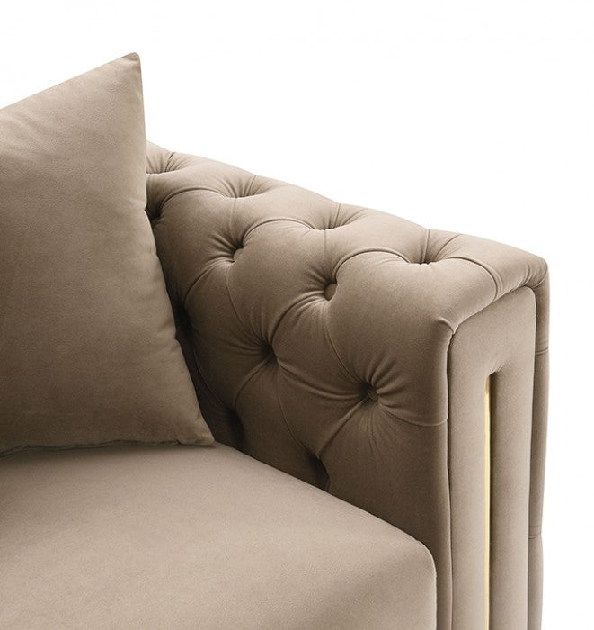Avara Warm Mink Brown Fabric Gold Trim Sofa and Love Seat Set with Tufted Backs – FM67015SKBR-2PC — product view 4