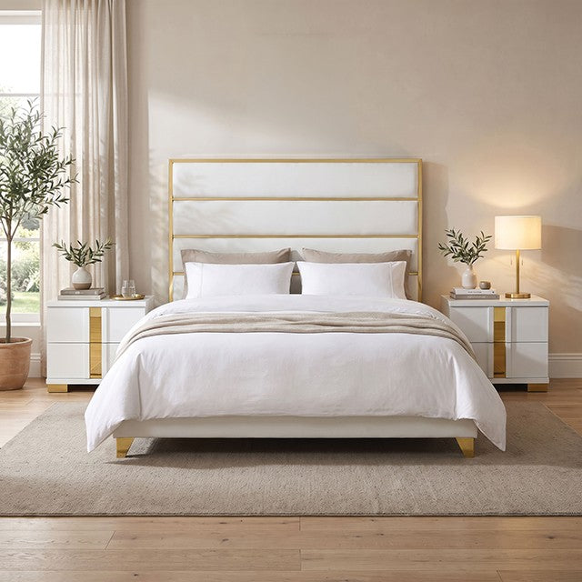 Andriola Gold/White Tufted Fabric Upholstered Queen Bed – FM77005GDWH — product view 1