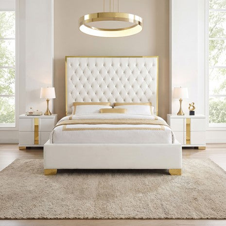 Vastano Gold/White Tufted Fabric Upholstered Queen Bed – FM77009GDWH — product view 1