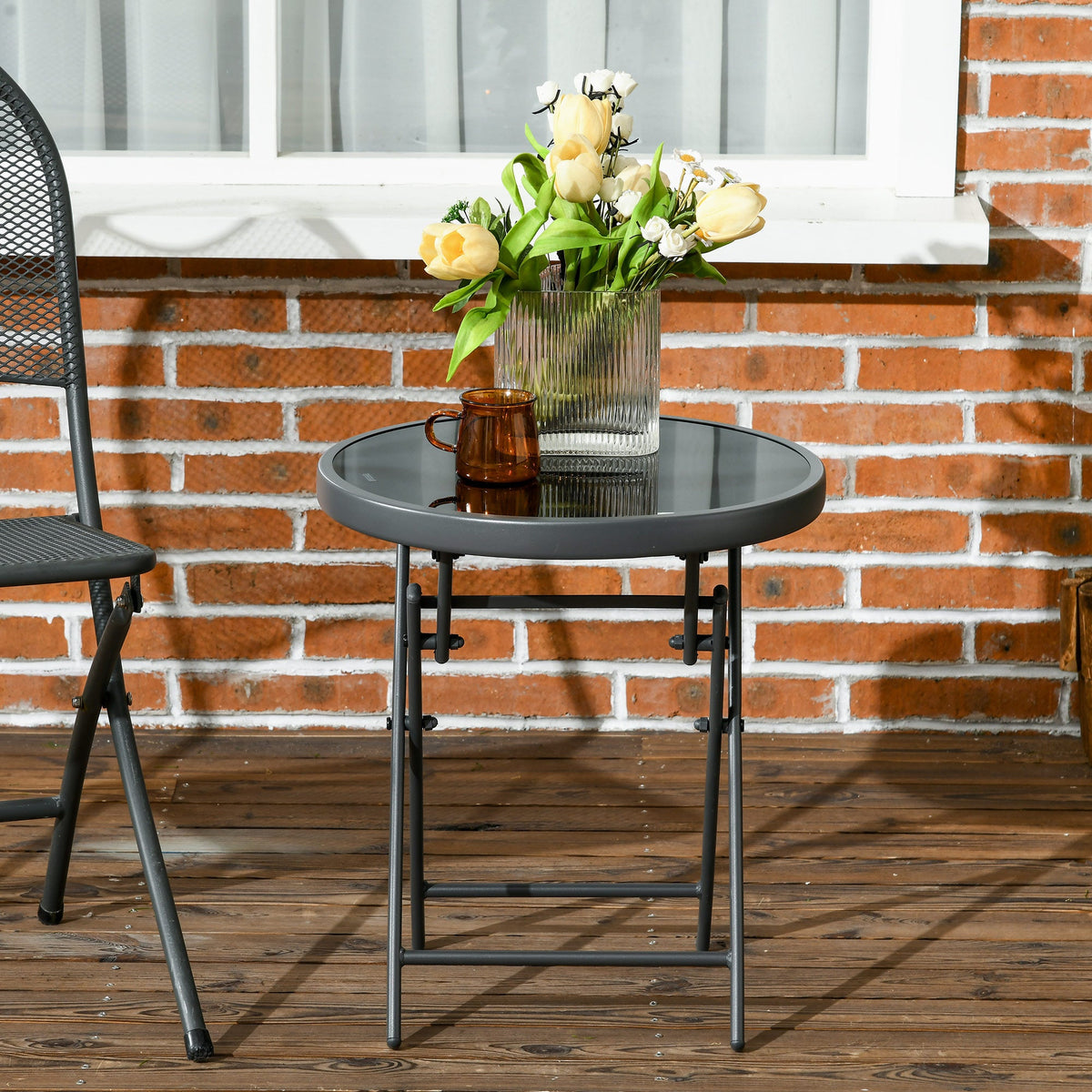 18" Outdoor Round Folding Table with Tempered Glass Top, Black — product view 4