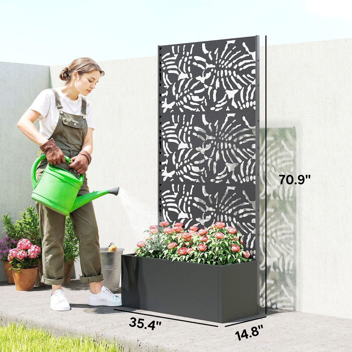 71" Metal Planter Box with Trellis, Banana-Leaf Cut-Out — product view 5