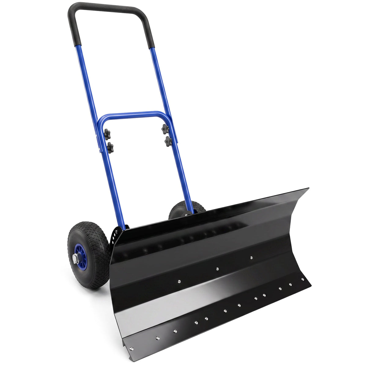 Heavy Duty Snow Pusher with Wheels, 29" x 16.5" Metal Blade, 5-Level Handle, Blue — product view 1