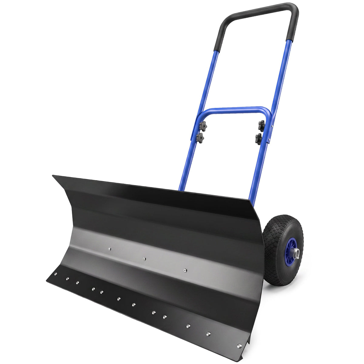 Heavy Duty Snow Pusher with Wheels, 29" x 16.5" Metal Blade, 5-Level Handle, Blue — product view 2