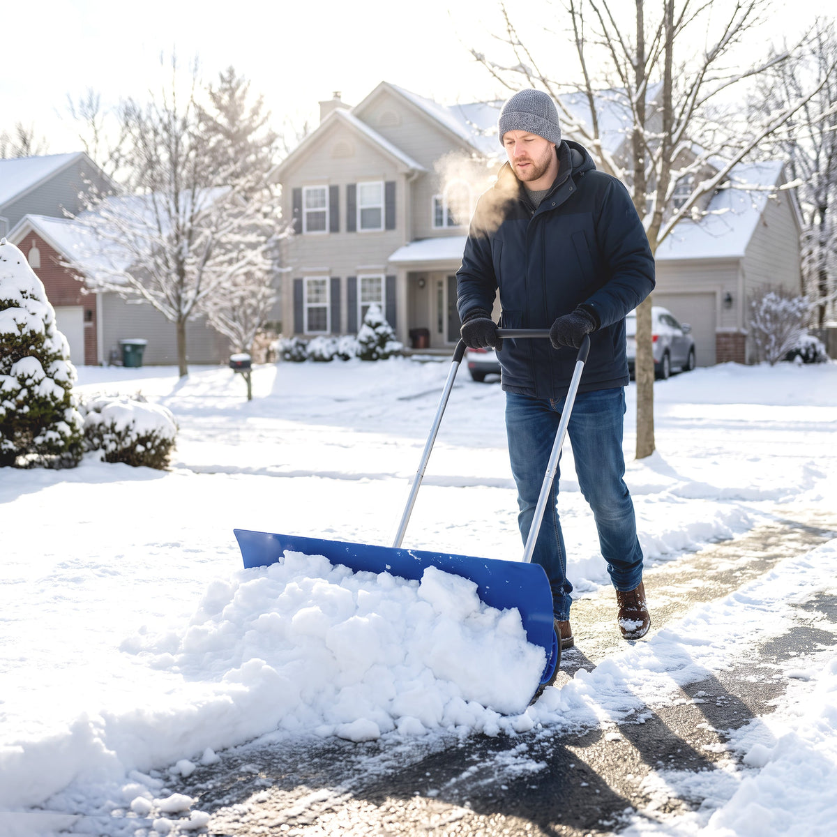 37-Inch Extra Wide Aluminum Snow Pusher with Wheels and Adjustable Handle, Blue — product view 3