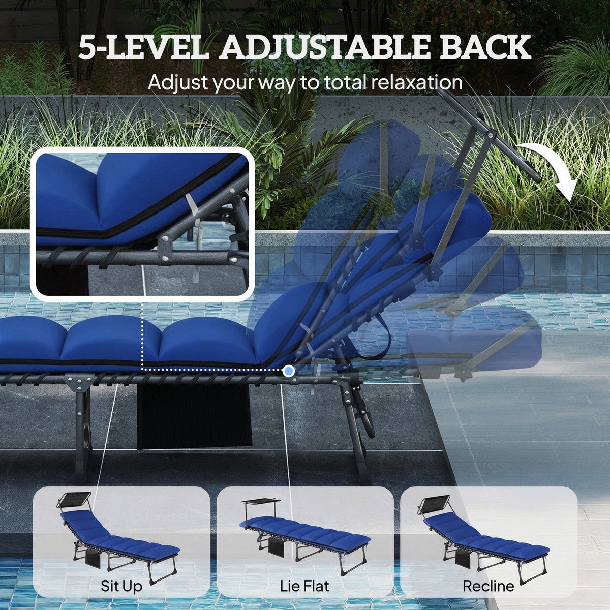 Folding Sun Lounger with Canopy, Cushion and 5-Position Recline, Dark Blue — product view 7
