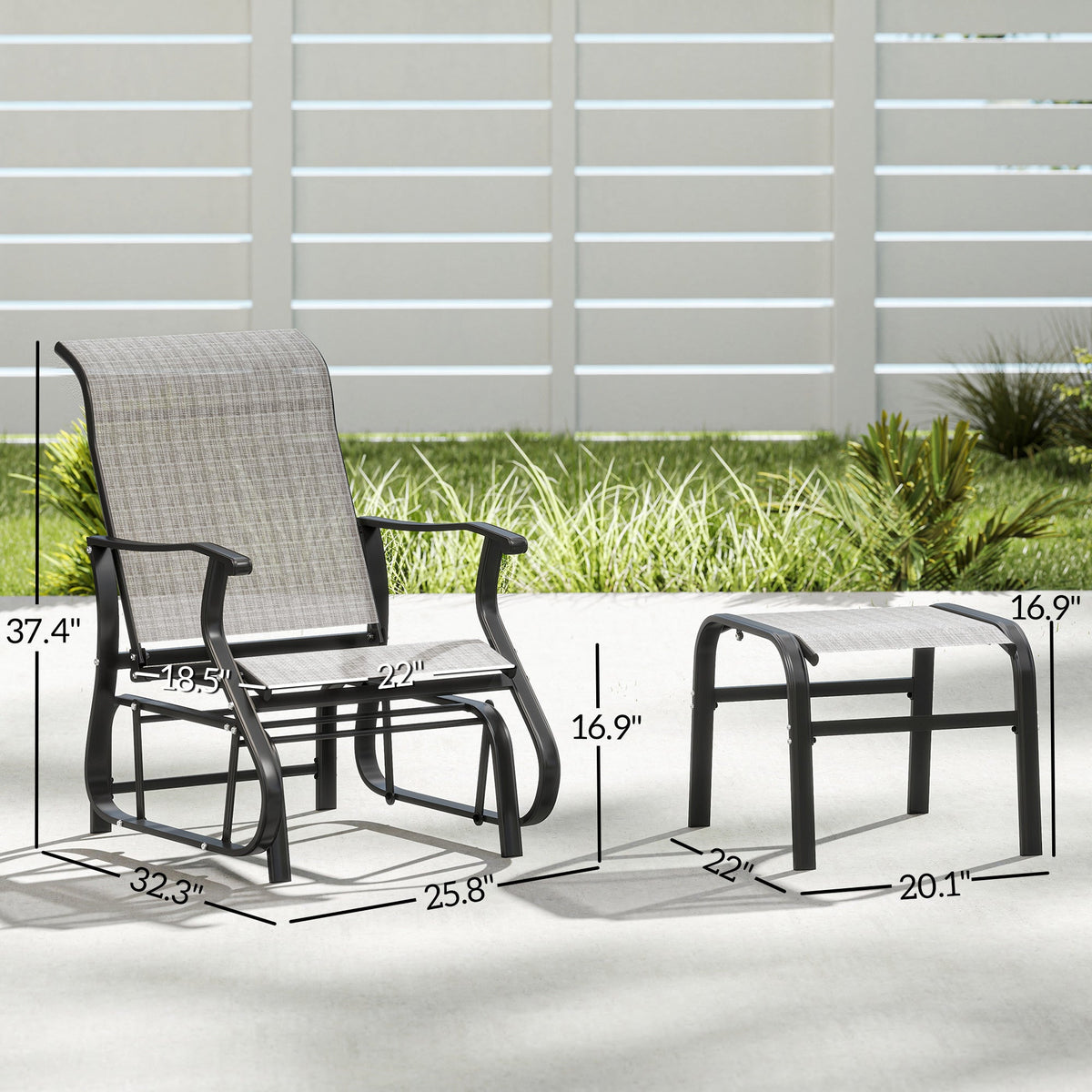 2-Piece Outdoor Glider Chair with Ottoman and All-Weather Breathable Mesh, Gray — product view 5