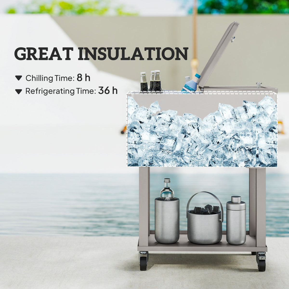 60 Quart Rolling Patio Cooler Cart with Shelf and Bottle Opener, Silver — product view 6