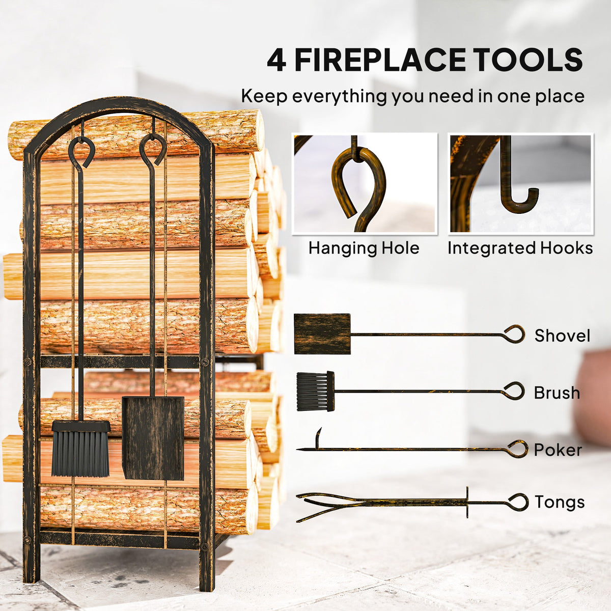 2-Tier Firewood Rack with 4 Fireplace Tools & Hooks, 220 lb Capacity, Coffee Brown — product view 7