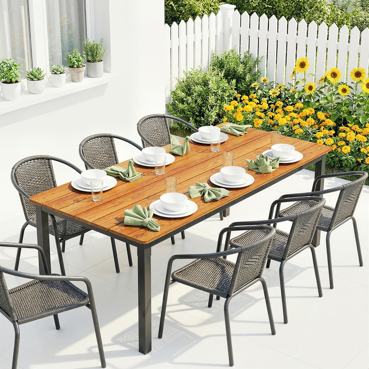 180 x 86 cm Garden Dining Table for 6-8 with Wood Slatted Top, Teak — product view 4