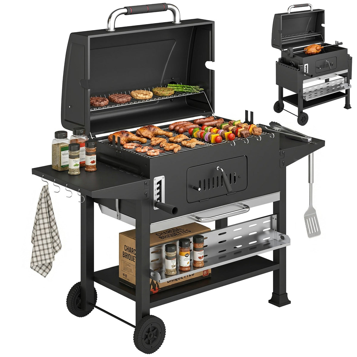 Charcoal BBQ Grill Smoker with Rotisserie Kit and Side Tables, Black — product view 1