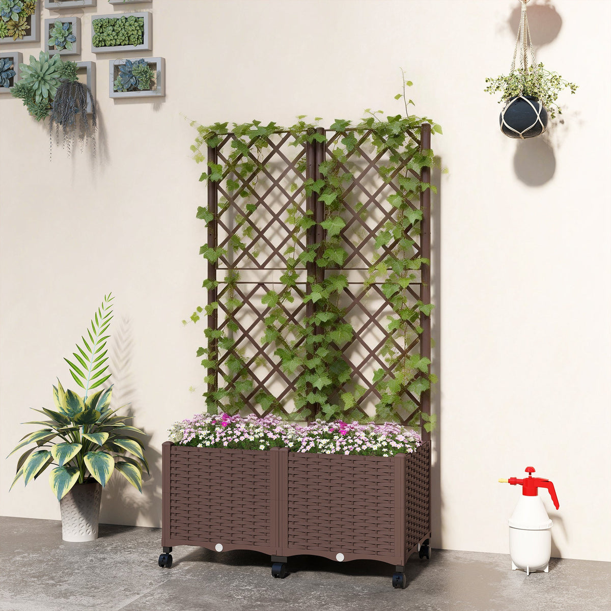 56.3" Self-Watering Planter Box with Trellis and Wheels, Brown — product view 4
