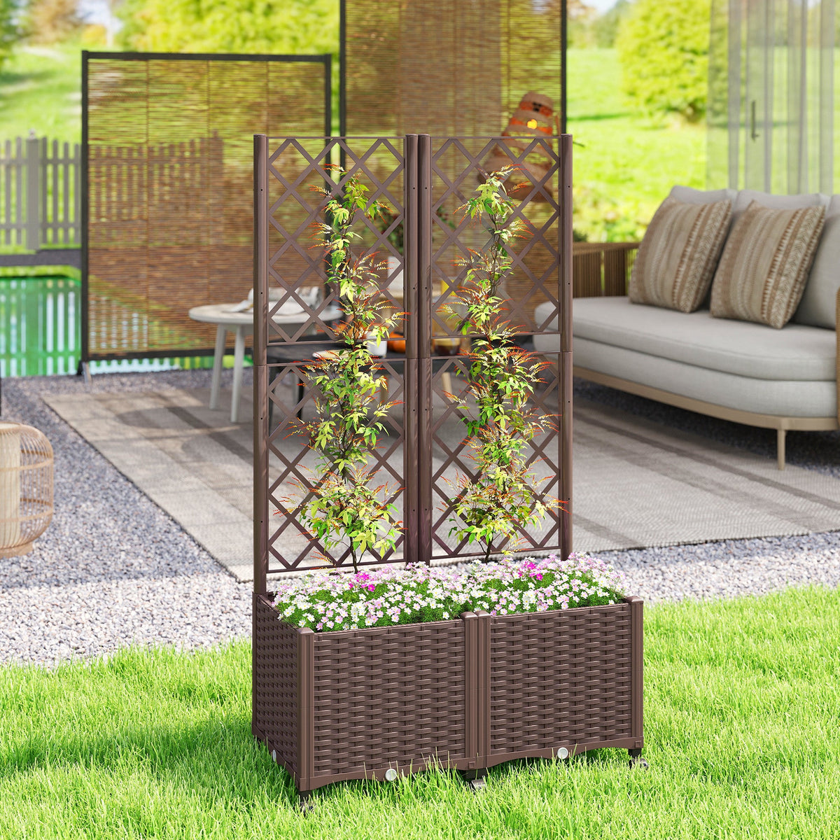 56.3" Self-Watering Planter Box with Trellis and Wheels, Brown — product view 3