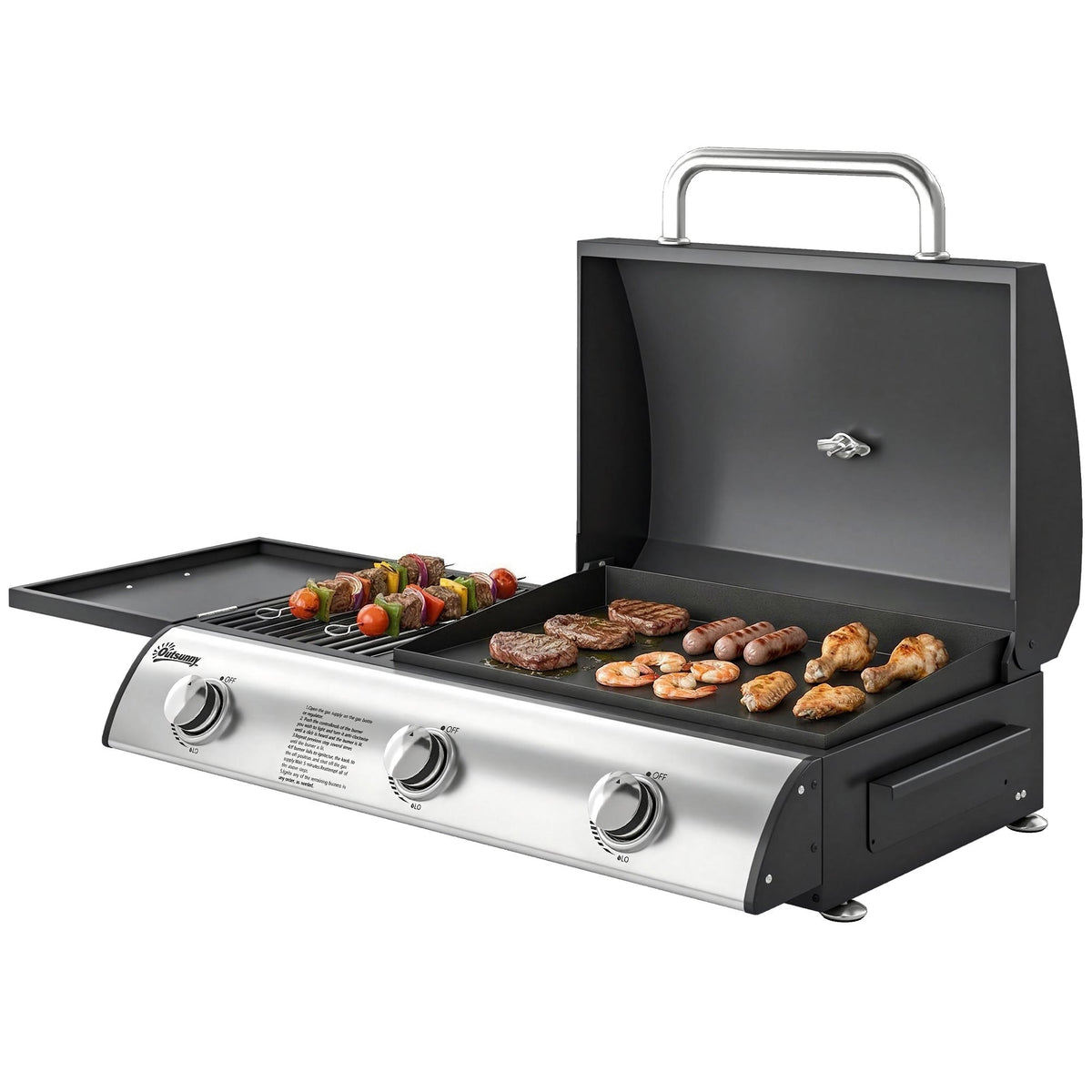 3-Burner Portable Gas Plancha Grill 8.1 kW with Griddle & Side Shelf, Black — product view 2