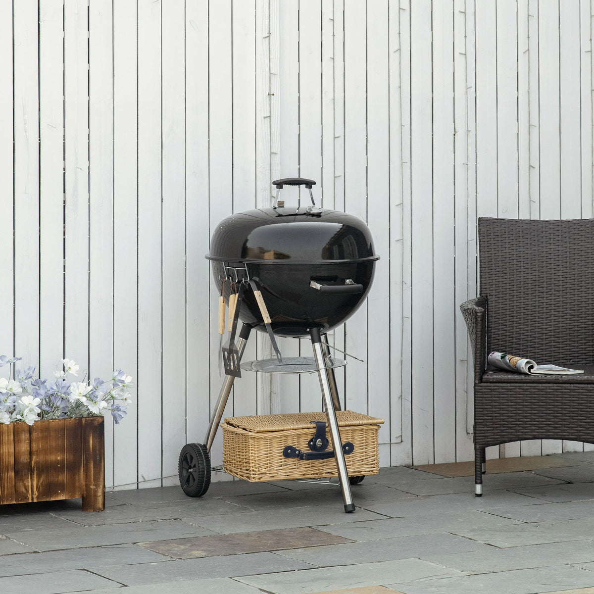 Portable Kettle Charcoal BBQ Smoker with Lid, Shelf & Wheels — product view 4