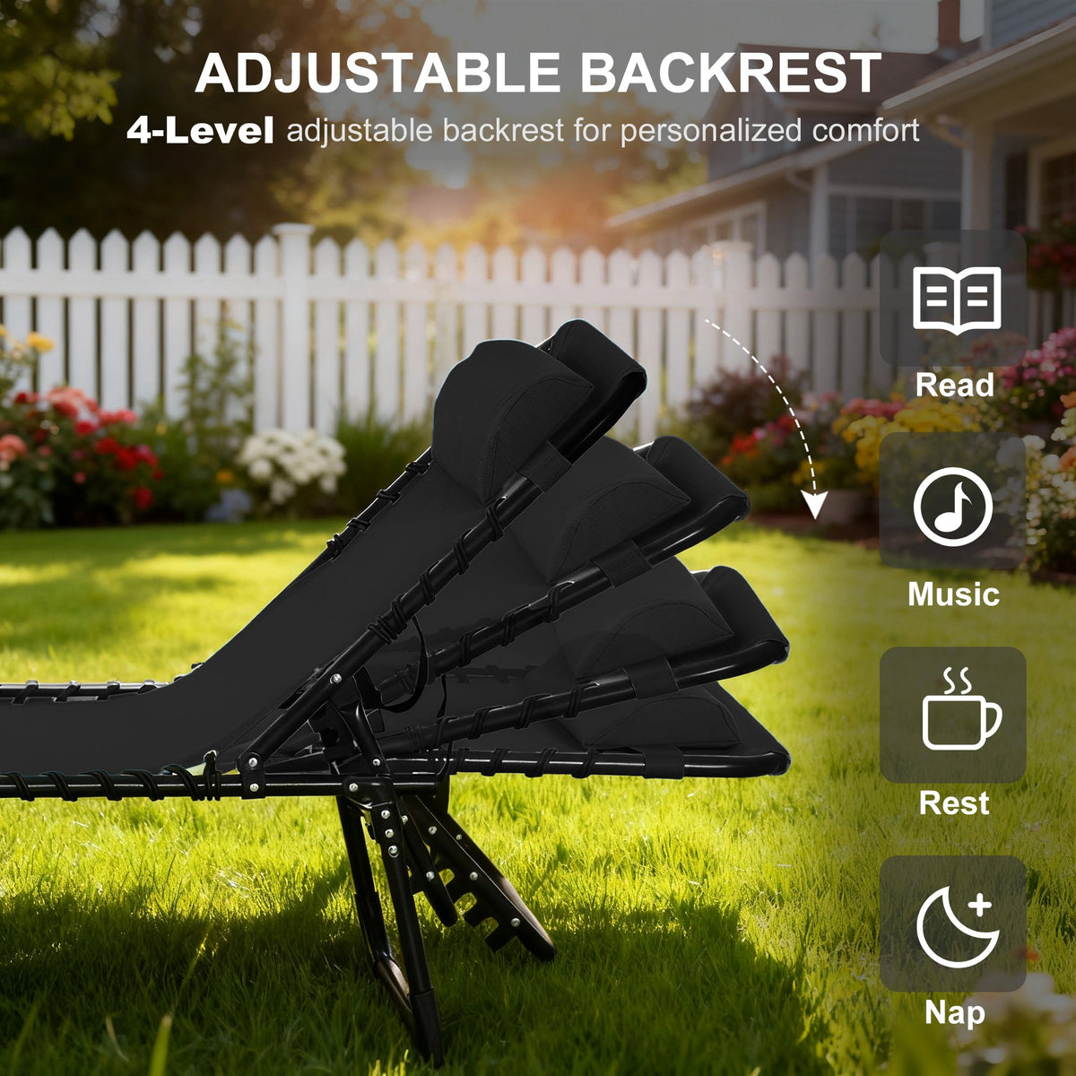 Folding Chaise Lounge Chair with 4-Position Reclining Back & Breathable Mesh Seat, Black — product view 6