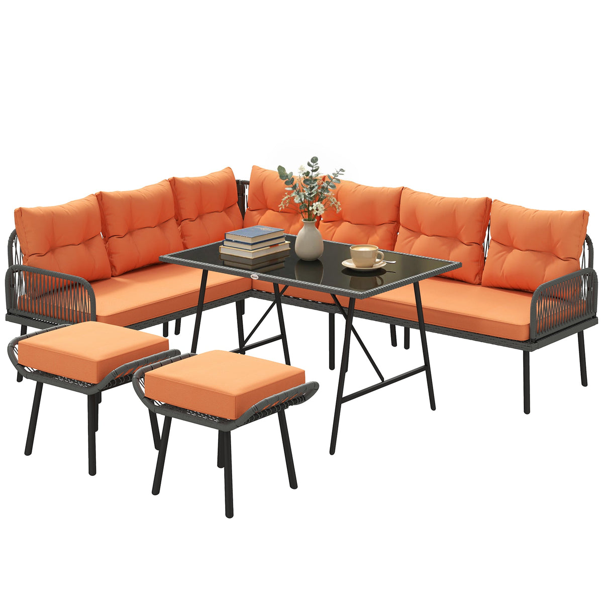 6-Piece 8-Seater Orange Rattan Corner Sofa Set with Cushions & Glass Table — product view 1