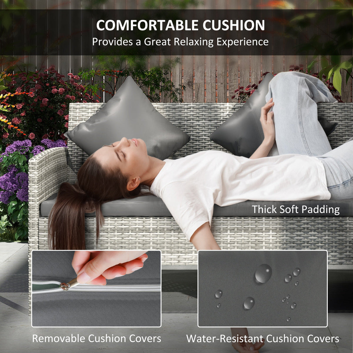 5 Piece Rattan Garden Furniture Set, 6 Seater Corner Dining Set, Dark Grey — product view 7