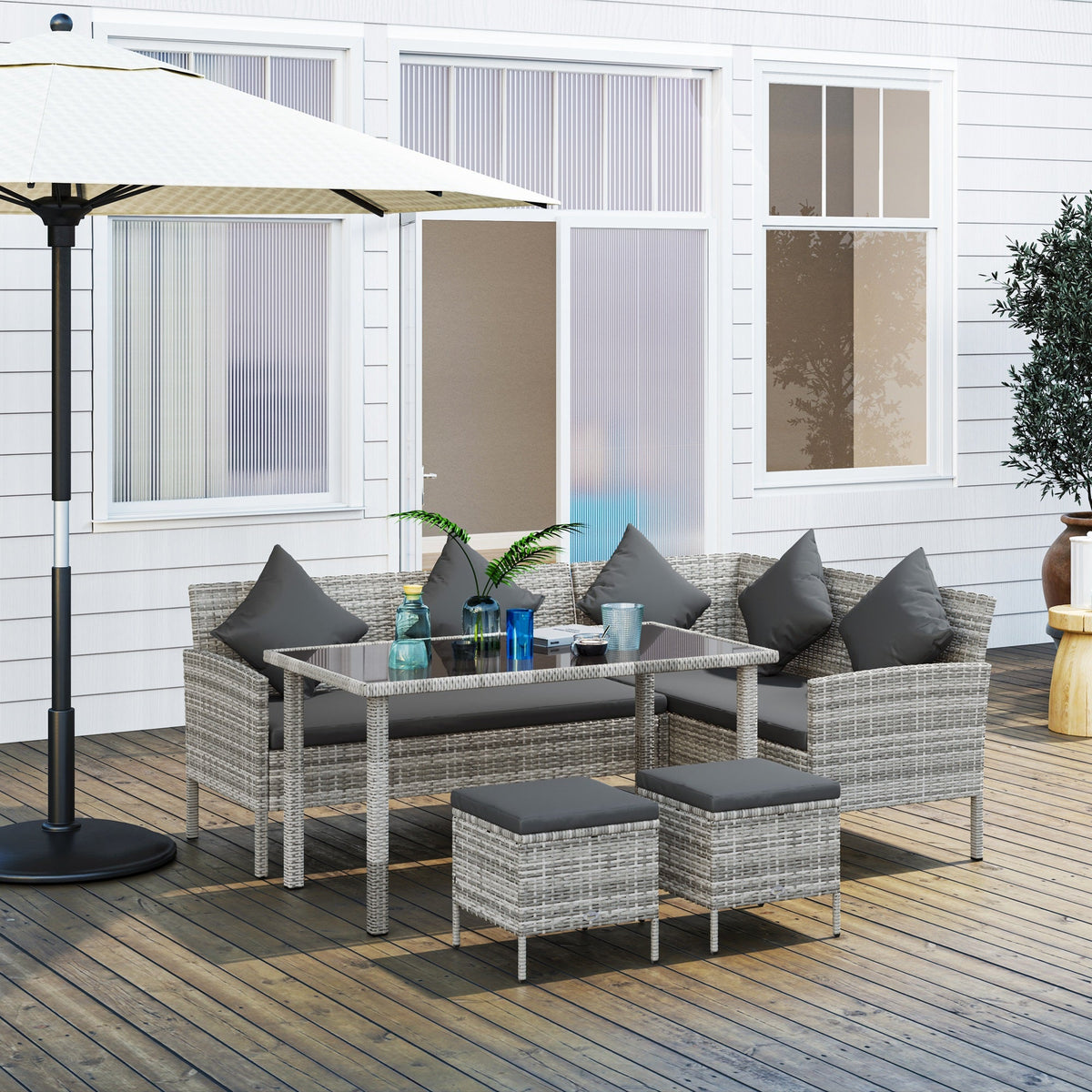 5 Piece Rattan Garden Furniture Set, 6 Seater Corner Dining Set, Dark Grey — product view 3