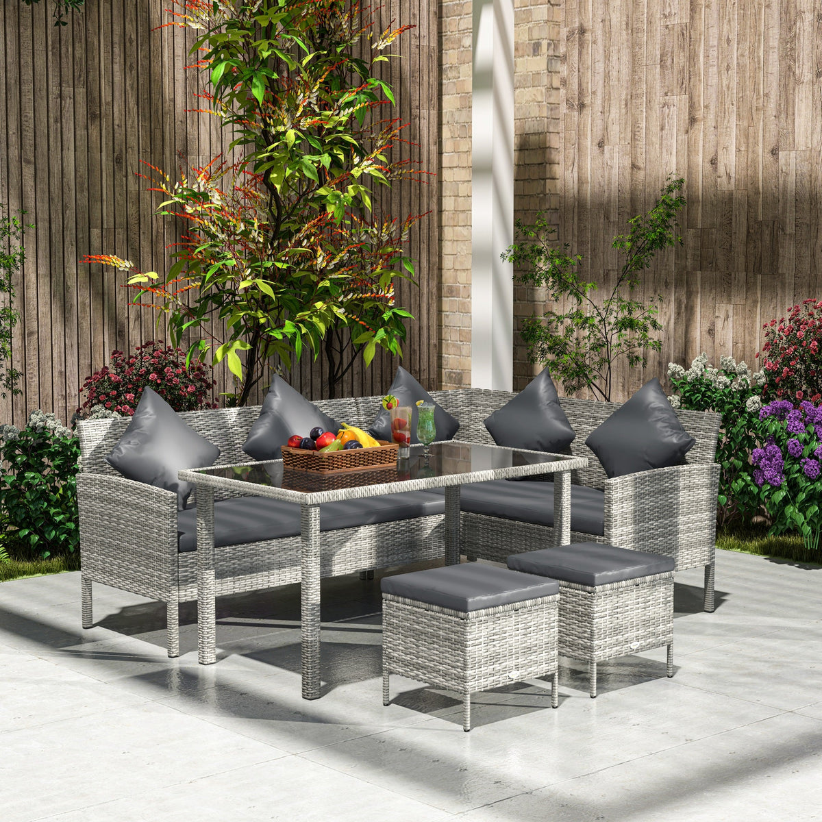 5 Piece Rattan Garden Furniture Set, 6 Seater Corner Dining Set, Dark Grey — product view 4