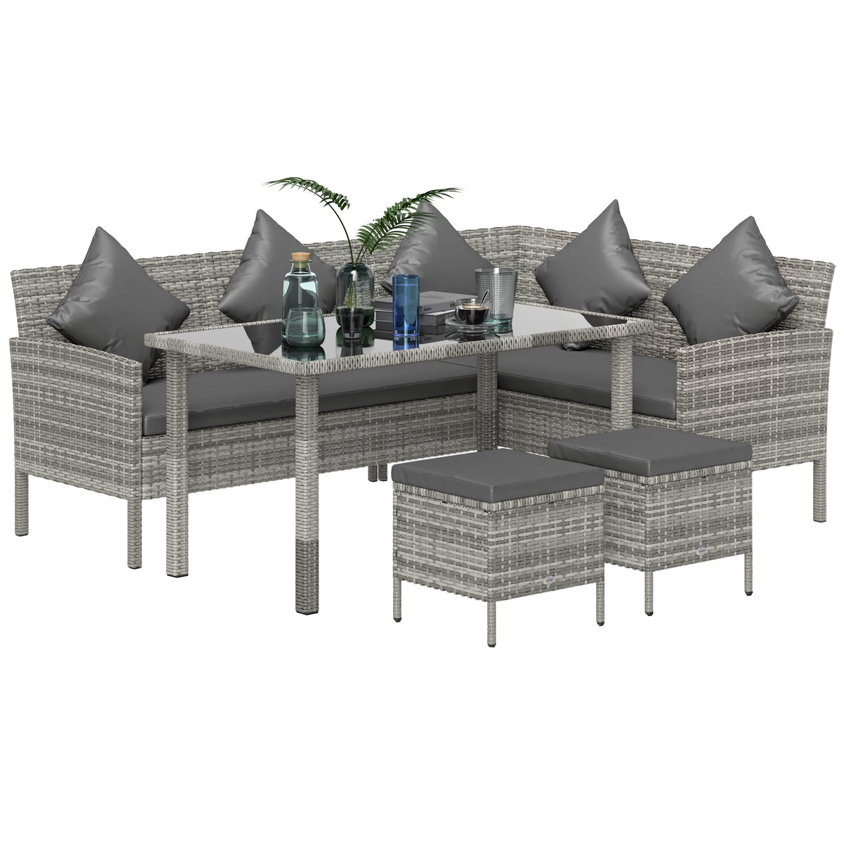 5 Piece Rattan Garden Furniture Set, 6 Seater Corner Dining Set, Dark Grey — product view 1