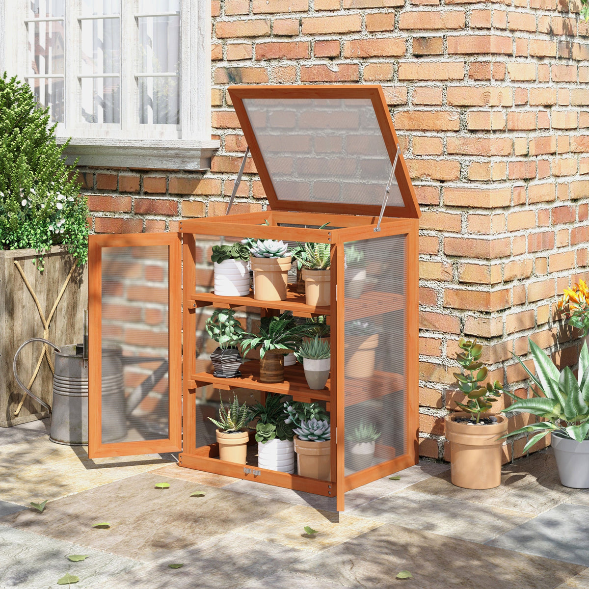 Wooden 2 Tier Cold Frame Greenhouse with Polycarbonate Panels, Orange — product view 4