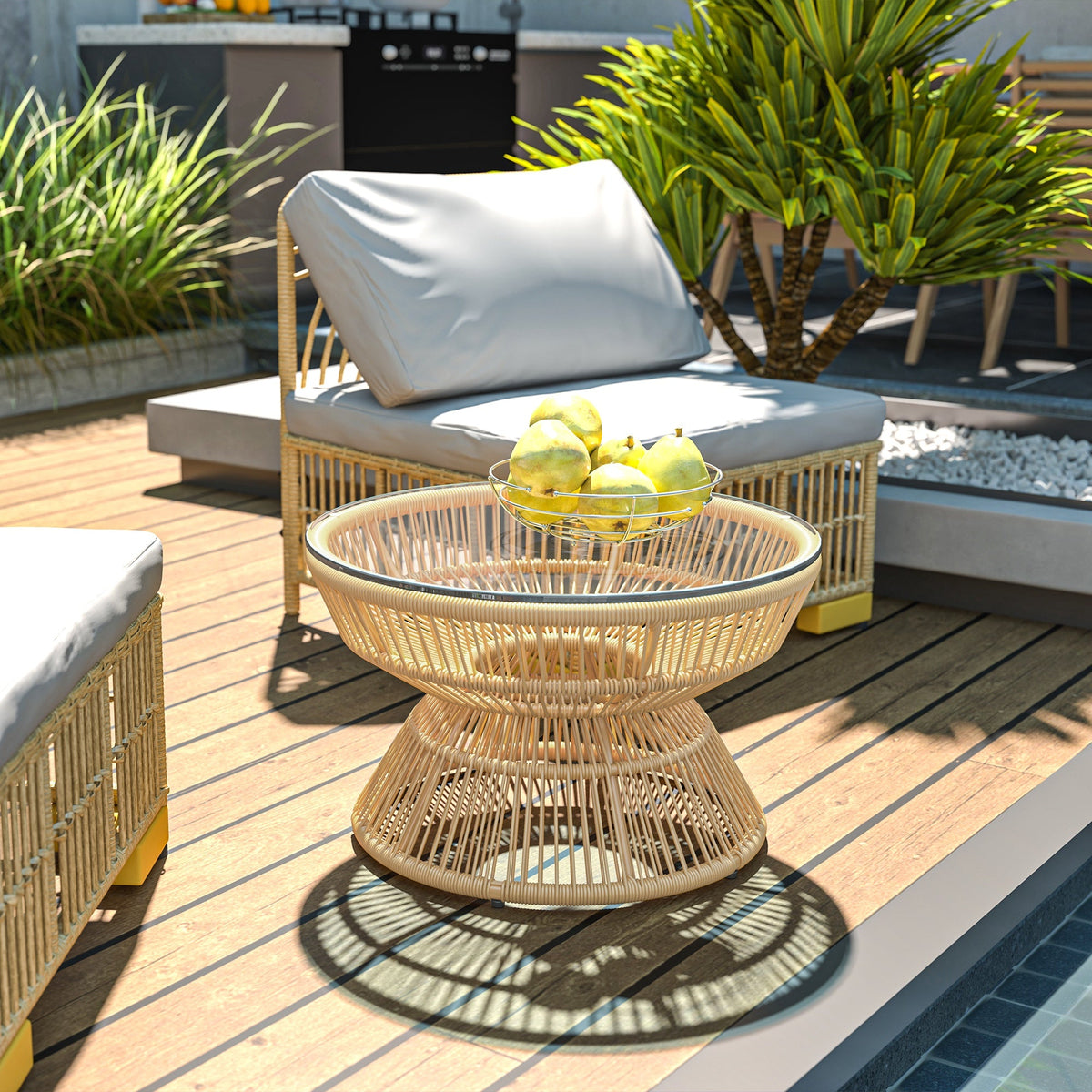 Rattan Outdoor Coffee Table with Tempered Glass Top, Nature Wood — product view 3