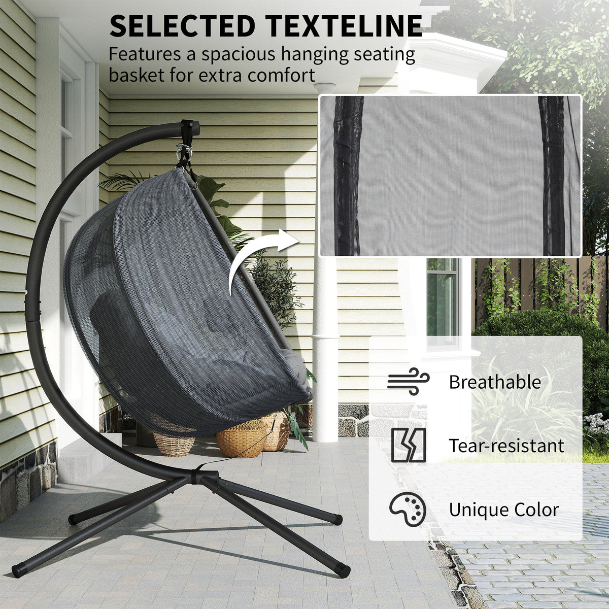 Double Egg Chair with Stand, 2 Person Hanging Swing Egg Chair Outdoor Indoor, 528 LBS Capacity Loveseat Hammock Swing with Cushion, Pockets, Grey — product view 6