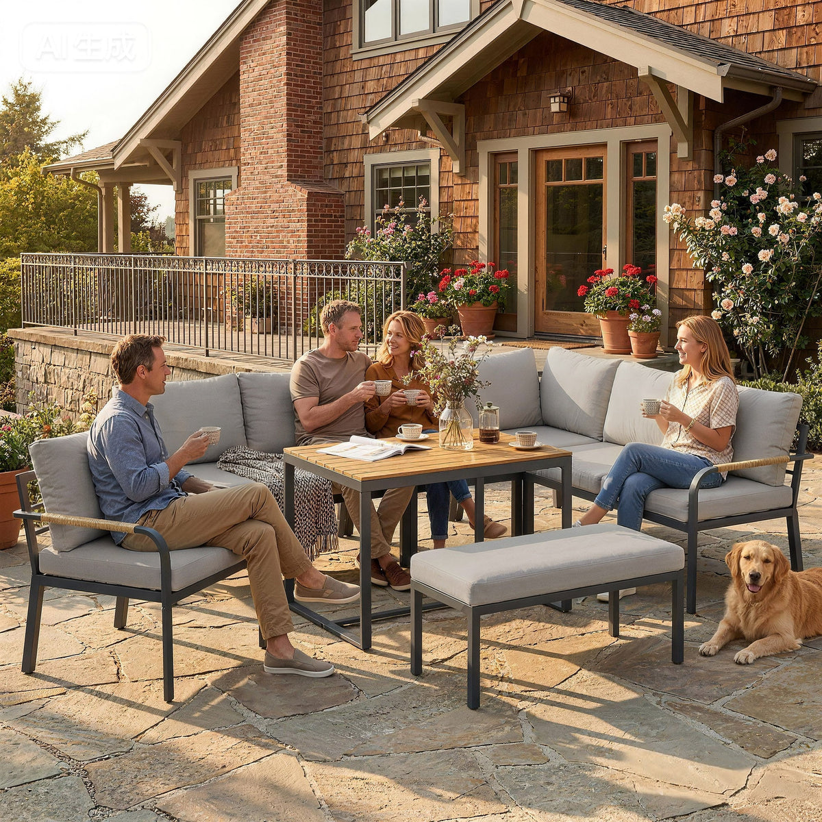 7 Seater Garden Furniture Set with Faux Wood Table, Light Grey — product view 4