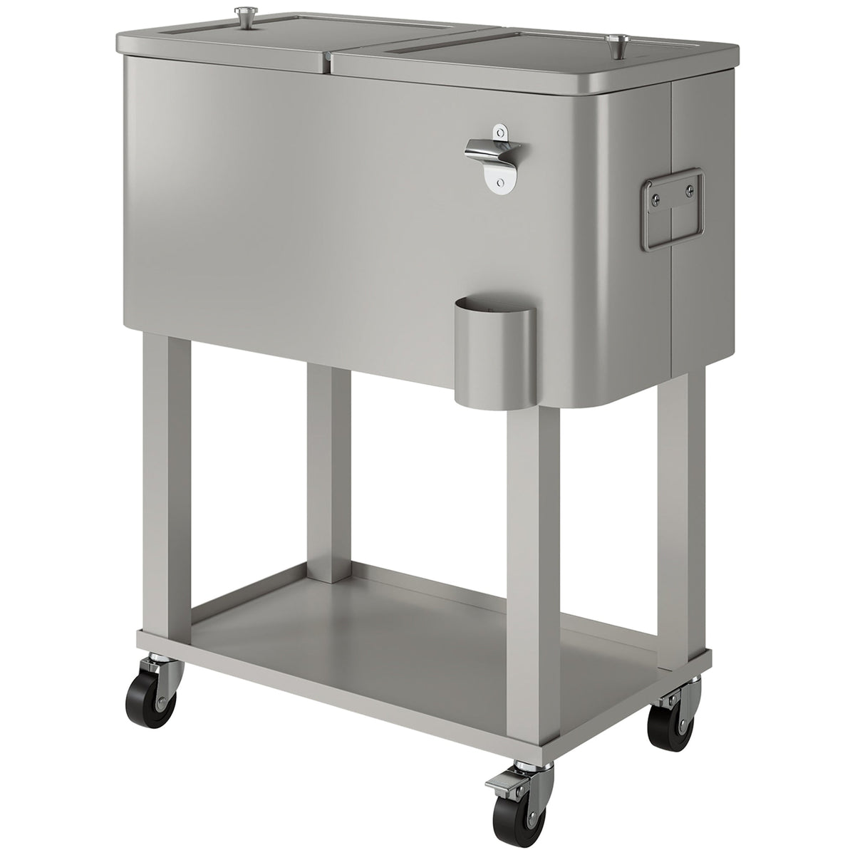 60 Quart Rolling Patio Cooler Cart with Shelf and Bottle Opener, Silver — product view 2